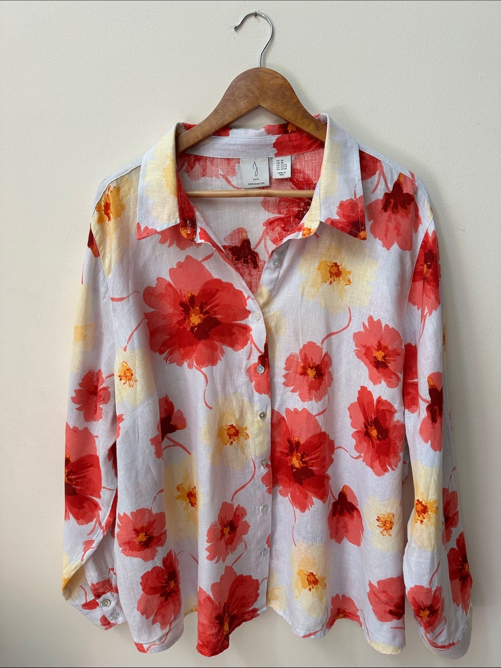 Linen White Button-Down Blouse with Red & Yellow Floral Print